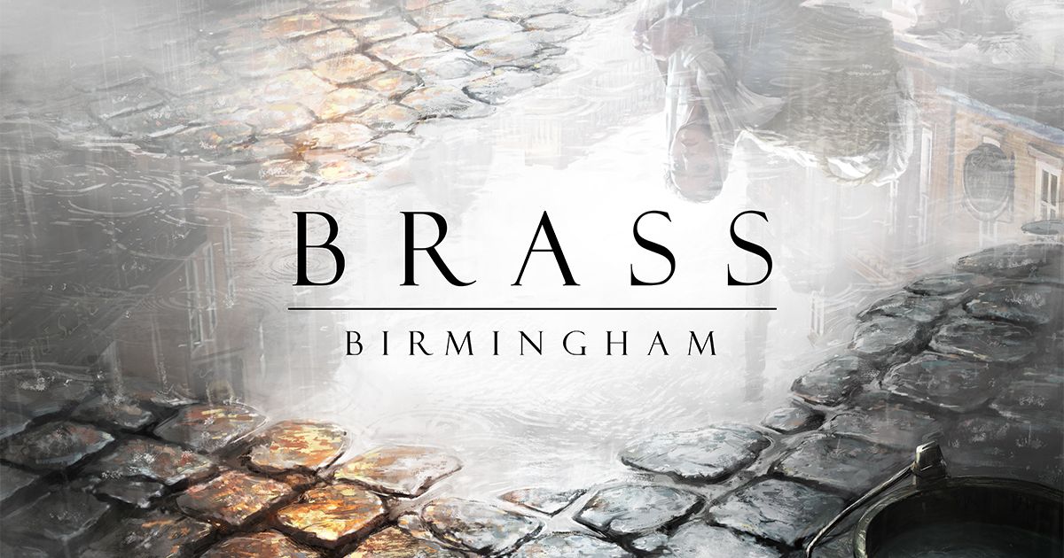 Box art for Brass: Birmingham, an industrial-era economic strategy board game with canals, railways, and factory tiles.