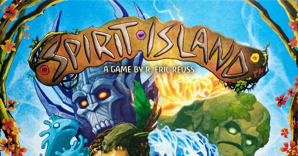 Box art for Spirit Island, a cooperative board game about elemental spirits defending an island from colonizing invaders.