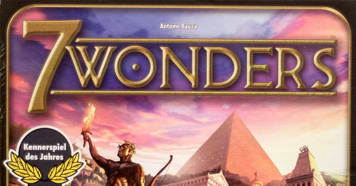 Box art for 7 Wonders, a civilization-building card drafting game with ancient wonders of the world.